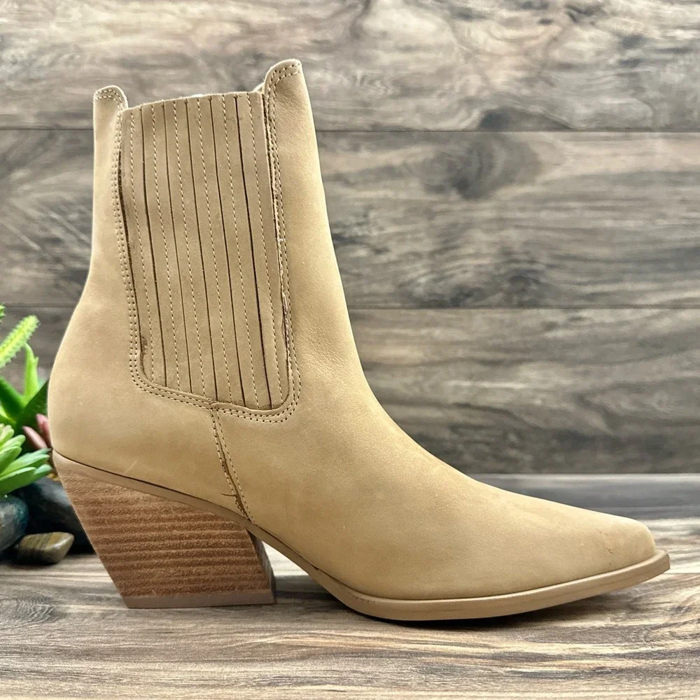 Steve Madden 8.5M Terezza Tan Nubuck Pull On Pointed Toe Western Ankle Bootie - Picture 7 of 12